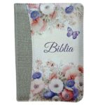 Biblia SBIR Cornilescu gri cu flori cu fermoar, pagini argintii