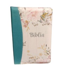 Biblia SBIR Cornilescu turqoaz cu flori cu fermoar, pagini argintii